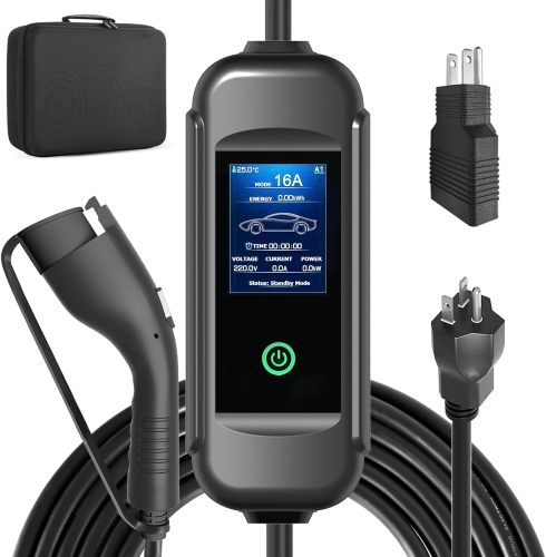 Level1- Level2(16/13/10/8 Amps Adjustable) Portable EV Charger with LED Display 110-240 Volts,25ft Cable,SAE J1772 Standard NEMA6-20 Plug and NEMA 5-15 Plug Conversion Adapter Portable Cable Box