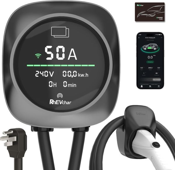 EV Charger 50 Amps, Smart Screen Level 2 Charging Station with WIFI, 240V J1772 Home Electric Vehicle Charger NEMA 14-50 Plug or Hardwire, APP Controlled Car Charger