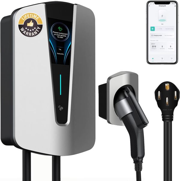 Level 2 EV Charger 40 Amp - RFID Card, 25ft Cable, Outdoor/Indoor, NEMA 14-50 EV Charger Level 2, WiFi Enabled Electric Car Charger, Electric Vehicle Charging Stations