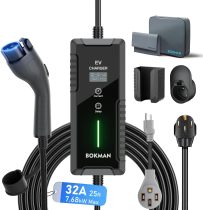 bokman Portable Level 2 EV Charger (240V, 32A) with 25ft Charging Cable and NEMA 14-50 for SAE-J1772 Electric Vehicles Current Adjustable and Reservation Charging Function (NOT for Tesla)