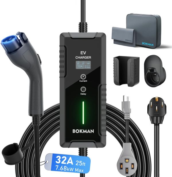 bokman Portable Level 2 EV Charger (240V, 32A) with 25ft Charging Cable and NEMA 14-50 for SAE-J1772 Electric Vehicles Current Adjustable and Reservation Charging Function (NOT for Tesla)