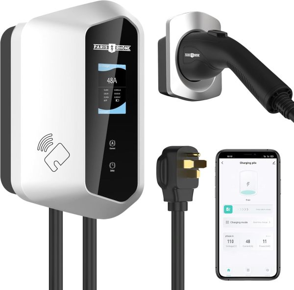 Paris Rhône Level 2 EV Charger, 48 Amp UL Listed 11.5KW EV Charger for Home Level 2 with Smartlife App Control, Wi-Fi & Bluetooth Level 2 EV Charger with 25 Foot Cable for Electric Vehicles
