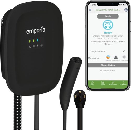 EMPORIA Level 2 EV Charger - NEMA 14-50 EVSE w/NACS, Compatible with Tesla - 48 amp EV Charger Level 2, 240v Electric Vehicle Charging Station, UL/Energy Star, 24ft Electric Car Charger Cable, Black