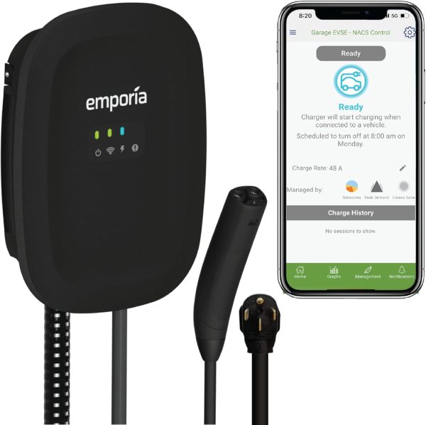 EMPORIA Level 2 EV Charger - NEMA 14-50 EVSE w/NACS, Compatible with Tesla - 48 amp EV Charger Level 2, 240v Electric Vehicle Charging Station, UL/Energy Star, 24ft Electric Car Charger Cable, Black