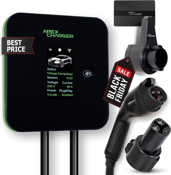 MACH 2:Fast Level 2 EV Charger 48 amp Garage-pro Wall-Mount. Electric Vehicle Charging Station 4 Nema 14-50 Outlet. J1772 car Connector. Key Accessories: 30ft Cable & Tesla NACS evse Portable Adapter