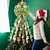Christmas Tree Topper Bow Wreath, 44 x 13 Inches Large Green Christmas Bow Tree Topper,Glitter Christmas Wreath for Tree Indoor Outdoor Christmas Decoration