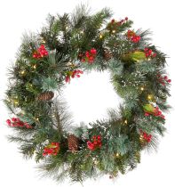 National Tree Company Pre-Lit Artificial Christmas Wreath, Green, Crestwood Spruce, White Lights, Decorated with Pine Cones, Berry Clusters, Frosted Branches, Christmas Collection, 24 Inches