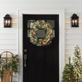 National Tree Company Pre-Lit Artificial Christmas Wreath, Green, Crestwood Spruce, White Lights, Decorated with Pine Cones, Berry Clusters, Frosted Branches, Christmas Collection, 24 Inches