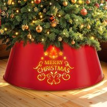 Metal Merry Christmas Tree Collar with Light String, Tree Ring Christmas Decor 26 Inch Dia for Large Xmas Tree 7-9 Ft