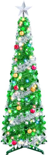 Joiedomi 5 FT Pop Up Christmas Tree with Lights, Pre Lit Collapsible Tinsel Christmas Tree Decorations with 50 Multicolor LED Lights and Ball Ornaments for Home Holiday Christmas Party Indoor Decor