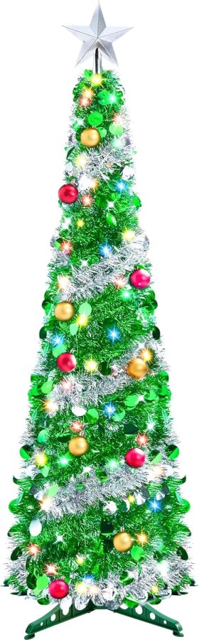 Joiedomi 5 FT Pop Up Christmas Tree with Lights, Pre Lit Collapsible Tinsel Christmas Tree Decorations with 50 Multicolor LED Lights and Ball Ornaments for Home Holiday Christmas Party Indoor Decor