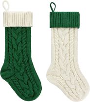 Christmas Stockings 18 Inches Large Size Cable Knitted Stocking Gift and Decorations for Holiday Family Xmas Party (Green and White, Pack of 2)