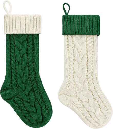 Christmas Stockings 18 Inches Large Size Cable Knitted Stocking Gift and Decorations for Holiday Family Xmas Party (Green and White, Pack of 2)