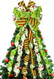 Christmas Tree Topper Bow Wreath, 44 x 13 Inches Large Green Christmas Bow Tree Topper,Glitter Christmas Wreath for Tree Indoor Outdoor Christmas Decoration