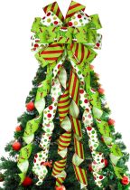 Christmas Tree Topper Bow Wreath, 44 x 13 Inches Large Green Christmas Bow Tree Topper,Glitter Christmas Wreath for Tree Indoor Outdoor Christmas Decoration