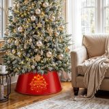 Metal Merry Christmas Tree Collar with Light String, Tree Ring Christmas Decor 26 Inch Dia for Large Xmas Tree 7-9 Ft