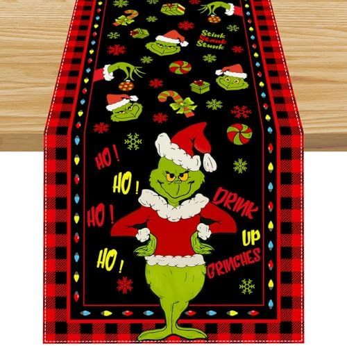Linen Red Christmas Table Runner Merry Christmas Tablecloth Christmas Xmas Buffalo Plaid Check Winter Holiday Home Kitchen Dining Room 13x72 Inch