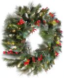 National Tree Company Pre-Lit Artificial Christmas Wreath, Green, Crestwood Spruce, White Lights, Decorated with Pine Cones, Berry Clusters, Frosted Branches, Christmas Collection, 24 Inches