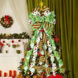 Christmas Tree Topper Bow Wreath, 44 x 13 Inches Large Green Christmas Bow Tree Topper,Glitter Christmas Wreath for Tree Indoor Outdoor Christmas Decoration