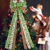Christmas Tree Topper Bow Wreath, 44 x 13 Inches Large Green Christmas Bow Tree Topper,Glitter Christmas Wreath for Tree Indoor Outdoor Christmas Decoration