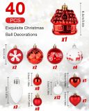 Christmas Tree Ornaments,40ct Christmas Ball Decoration Set,11 Different Christmas Ornaments,Red and White Classic Color Christmas Tree Decorations, Shatterproof Christmas Decorations