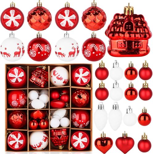 Christmas Tree Ornaments,40ct Christmas Ball Decoration Set,11 Different Christmas Ornaments,Red and White Classic Color Christmas Tree Decorations, Shatterproof Christmas Decorations