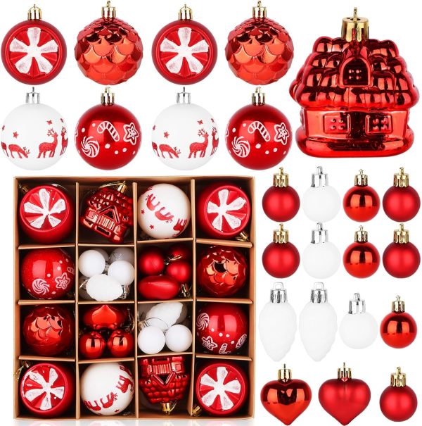 Christmas Tree Ornaments,40ct Christmas Ball Decoration Set,11 Different Christmas Ornaments,Red and White Classic Color Christmas Tree Decorations, Shatterproof Christmas Decorations