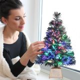 Pre-lit Mini Christmas Tree, Tabletop Artificial Fiber Optic Christmas Trees with Gold Base -24 Inch …