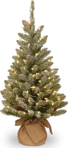 National Tree Company Pre-lit Artificial Mini Christmas Tree | Includes Small White LED Lights and Cloth Bag Base | Snowy Concolor Fir Burlap - 3 ft, Brown/Green