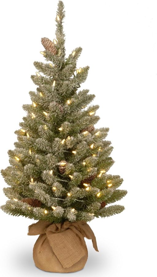National Tree Company Pre-lit Artificial Mini Christmas Tree | Includes Small White LED Lights and Cloth Bag Base | Snowy Concolor Fir Burlap - 3 ft, Brown/Green