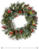 National Tree Company Pre-Lit Artificial Christmas Wreath, Green, Crestwood Spruce, White Lights, Decorated with Pine Cones, Berry Clusters, Frosted Branches, Christmas Collection, 24 Inches