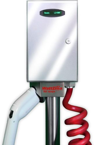 WattZilla-UNO: Level 2, 80 Amp EVSE, 25' red Retractable J1772 Charging Cable w/CMS, Type 4X Outdoor Enclosure, Stainless Steel Pole Mount Kit, Mirror Finish, 80 Amp, UL/cUL Listed, Made in The USA