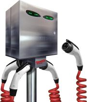QuadZilla: Level 2, 80 Amp EVSE, 25' red Retractable J1772 Charging Cable w/CMS, Type 4X Outdoor Enclosure, Stainless Steel Pole Mount Kit, Mirror Finish, UL/cUL Listed, Made in The USA
