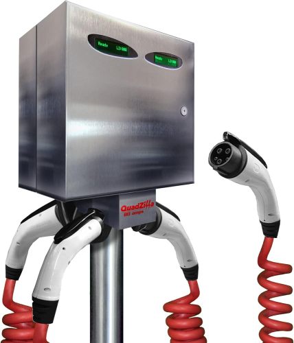 QuadZilla: Level 2, 80 Amp EVSE, 25' red Retractable J1772 Charging Cable w/CMS, Type 4X Outdoor Enclosure, Stainless Steel Pole Mount Kit, Mirror Finish, UL/cUL Listed, Made in The USA