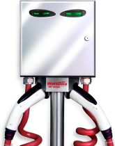 WattZilla-Duo: Level 2, 80 Amp EVSE, 25' Red Retractable J1772 Charging Cable w/Cable Mngmt System, 4X Outdoor Enclosure, Stainless Steel Pole Mount Kit, Mirror Finish, UL/cUL Listed, Made in USA