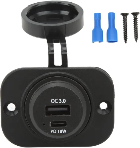 Cell Phone Automobile Charger Dual Port Type C Car Charger with Waterproof Cover QC 3.0 PD 18W Universal for RV Boat SUV Sedan Motorcycle