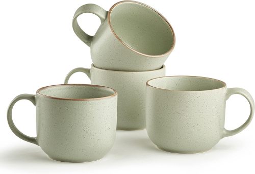 4-Piece Mug Set - Hand Crafted Ceramic Stoneware Mug Set, Modern Dining Mugs - Large & Multipurpose Shape Mugs, Microwave & Dishwasher Safe - Sage Green, 19 Oz.