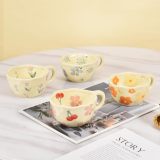 4-Piece Ceramic Coffee Mugs, Creative Flower Mug for Office and Home, 8.5 oz/250 ml for Latte Tea Milk (Blue Flower, Orange Flower, Pink Cherry, Purple Tulip)