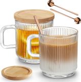 2 PACK Glass Coffee Mugs with Handle & Spoon, 12 OZ Glass Coffee Cups with Bamboo Lid, Ribbed Glass Cups, Clear Tea Cup for Hot/Cold Beverages, Glassware Set for Americano, Latte, Cappuccino