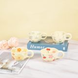 4-Piece Ceramic Coffee Mugs, Creative Flower Mug for Office and Home, 8.5 oz/250 ml for Latte Tea Milk (Blue Flower, Orange Flower, Pink Cherry, Purple Tulip)