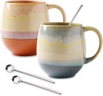 16oz Ceramic Coffee Mugs for Men/Women - Set of 2 with Spoons, Great for Soup, Cocoa, Office, Home, Engagement Gifts
