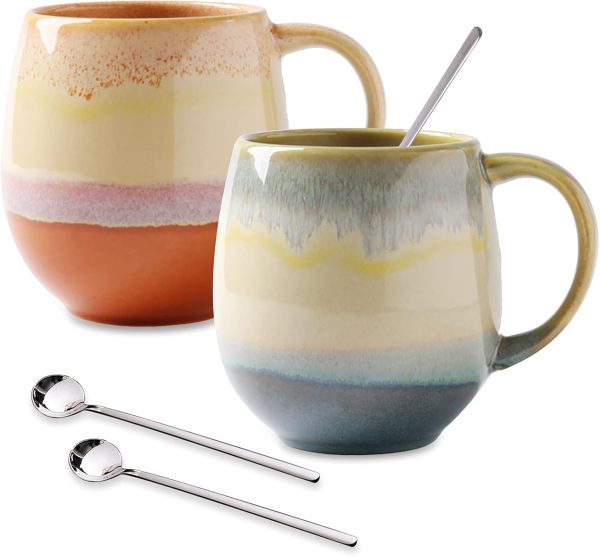 16oz Ceramic Coffee Mugs for Men/Women - Set of 2 with Spoons, Great for Soup, Cocoa, Office, Home, Engagement Gifts