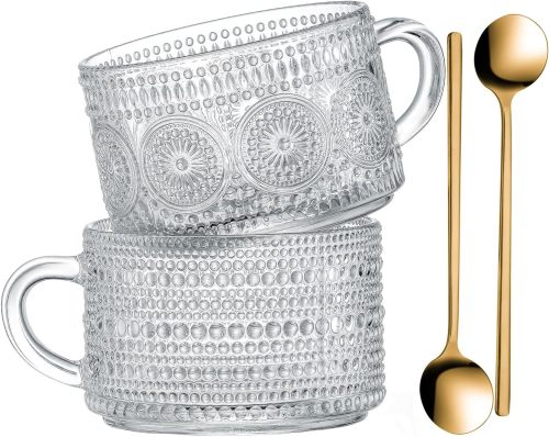 Vintage Glass Coffee Mugs 14 Oz Set of 2 Clear Embossed Tea Cups, Glass Coffee Cups for Cappuccino, Latte, Cereal, Yogurt, Beverage Christmas Thanksgiving Gifts