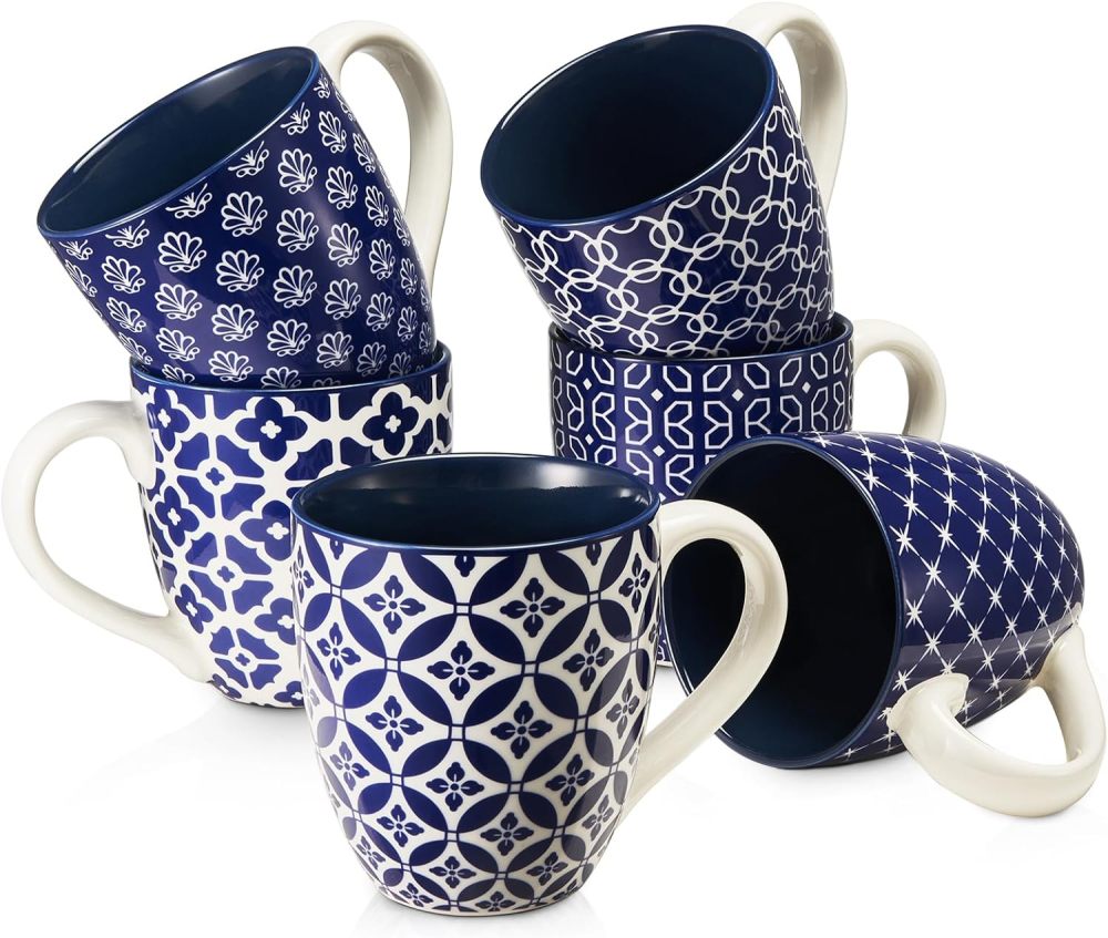 Coffee Mugs Set of 6, 19 oz Large Porcelain Coffee Cups with Handle for Coffee Tea and Cocoa, Ceramic Coffee Mug for Women Men, Housewarming Wedding Gift, Vintage Blue