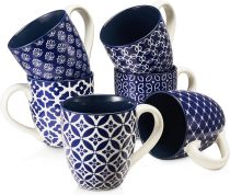 Coffee Mugs Set of 6, 19 oz Large Porcelain Coffee Cups with Handle for Coffee Tea and Cocoa, Ceramic Coffee Mug for Women Men, Housewarming Wedding Gift, Vintage Blue