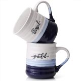 Coffee Mugs, Large Mugs with Word Blessed Grateful, Porcelain Coffee Cup, Thank You Gifts for Mom Dad, Set of 2