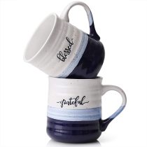 Coffee Mugs, Large Mugs with Word Blessed Grateful, Porcelain Coffee Cup, Thank You Gifts for Mom Dad, Set of 2