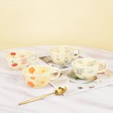4-Piece Ceramic Coffee Mugs, Creative Flower Mug for Office and Home, 8.5 oz/250 ml for Latte Tea Milk (Blue Flower, Orange Flower, Pink Cherry, Purple Tulip)