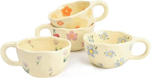 4-Piece Ceramic Coffee Mugs, Creative Flower Mug for Office and Home, 8.5 oz/250 ml for Latte Tea Milk (Blue Flower, Orange Flower, Pink Cherry, Purple Tulip)