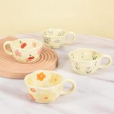 4-Piece Ceramic Coffee Mugs, Creative Flower Mug for Office and Home, 8.5 oz/250 ml for Latte Tea Milk (Blue Flower, Orange Flower, Pink Cherry, Purple Tulip)